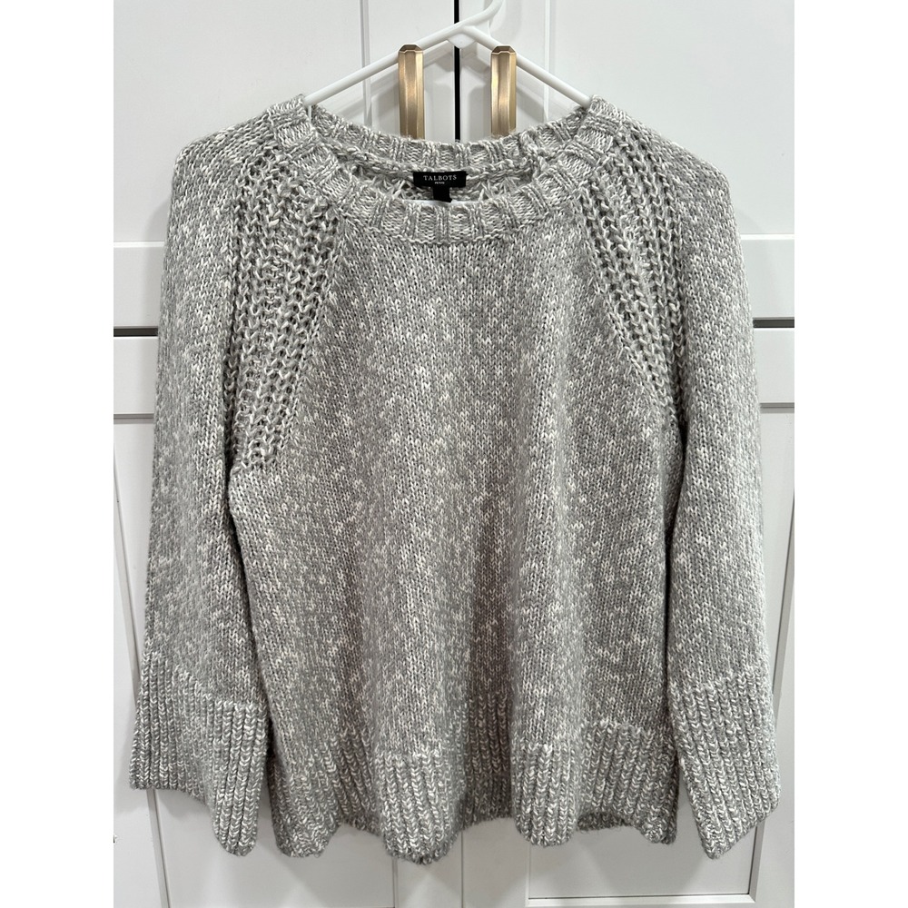 Talbots Sweater Knit Pullover Gray White Long Sleeve‎ Petite Large L